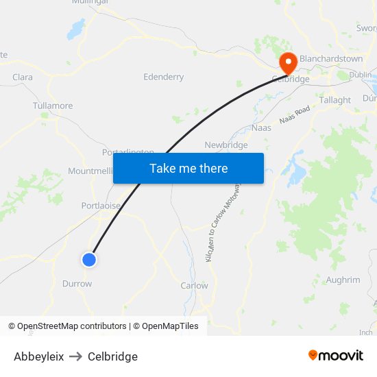 Abbeyleix to Celbridge map