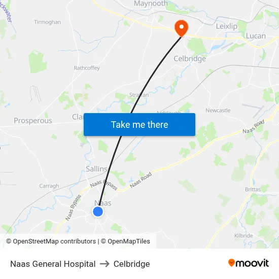 Naas General Hospital to Celbridge map