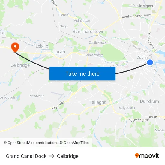 Grand Canal Dock to Celbridge map