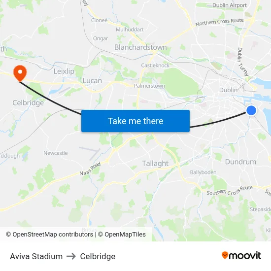 Aviva Stadium to Celbridge map