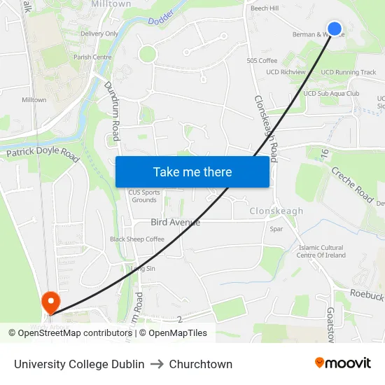 University College Dublin to Churchtown map