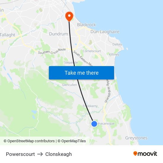 Powerscourt to Clonskeagh map