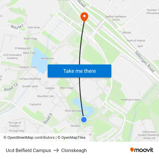 Ucd Belfield Campus to Clonskeagh map