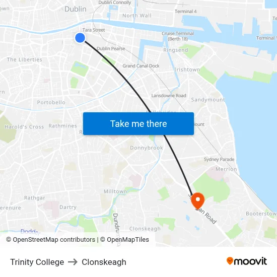 Trinity College to Clonskeagh map