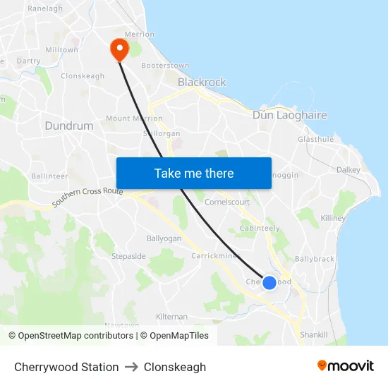 Cherrywood Station to Clonskeagh map