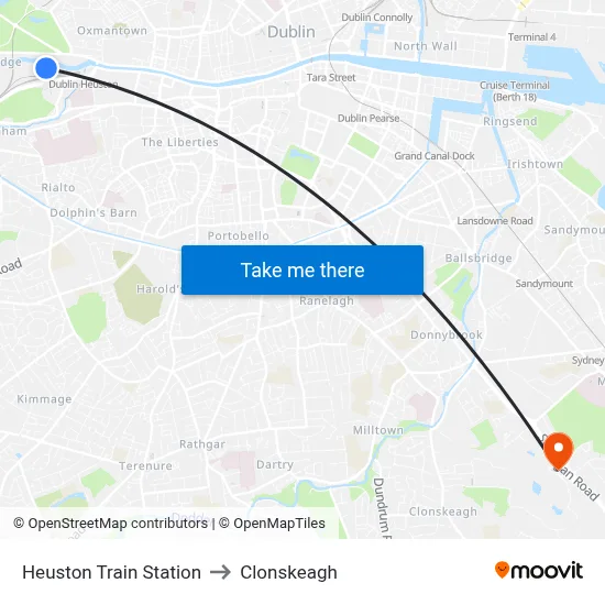 Heuston Train Station to Clonskeagh map