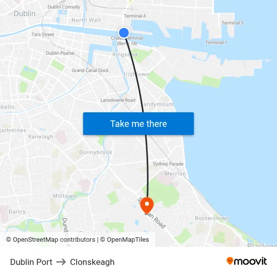 Dublin Port to Clonskeagh map