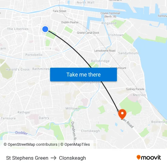St Stephens Green to Clonskeagh map