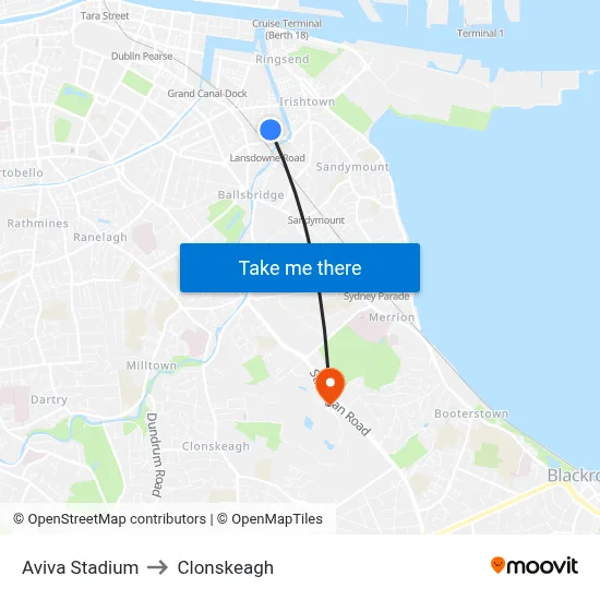 Aviva Stadium to Clonskeagh map