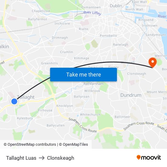 Tallaght Luas to Clonskeagh map