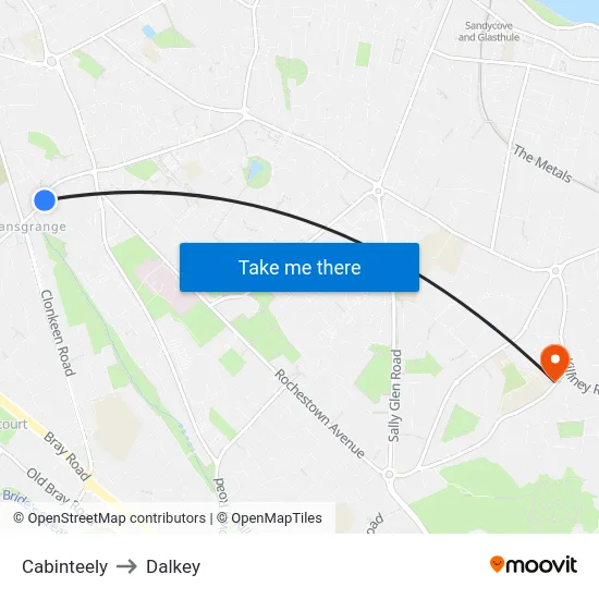 Cabinteely to Dalkey map