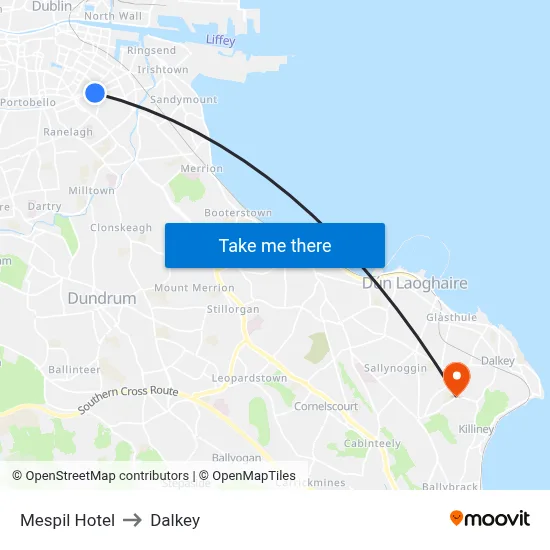 Mespil Hotel to Dalkey map