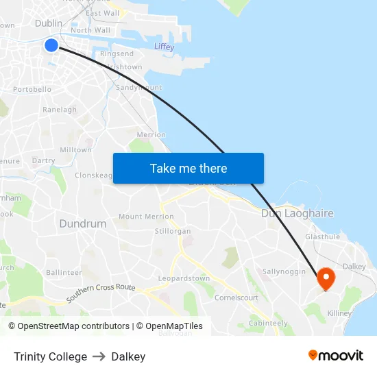 Trinity College to Dalkey map
