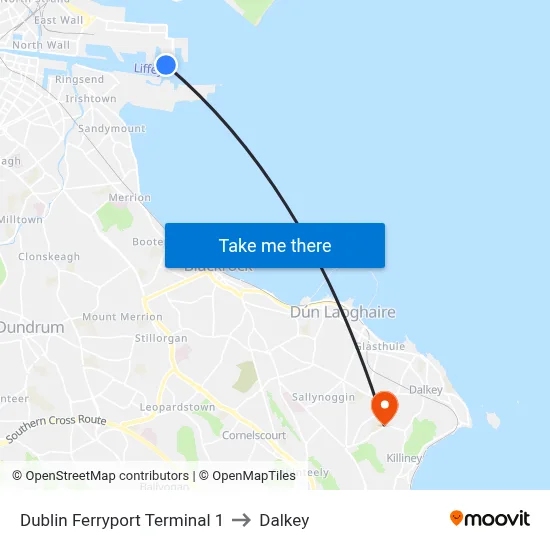 Dublin Ferryport Terminal 1 to Dalkey map