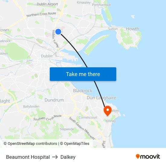 Beaumont Hospital to Dalkey map