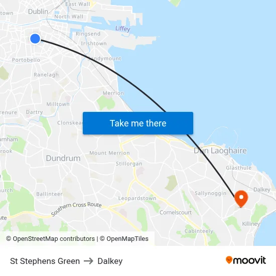 St Stephens Green to Dalkey map