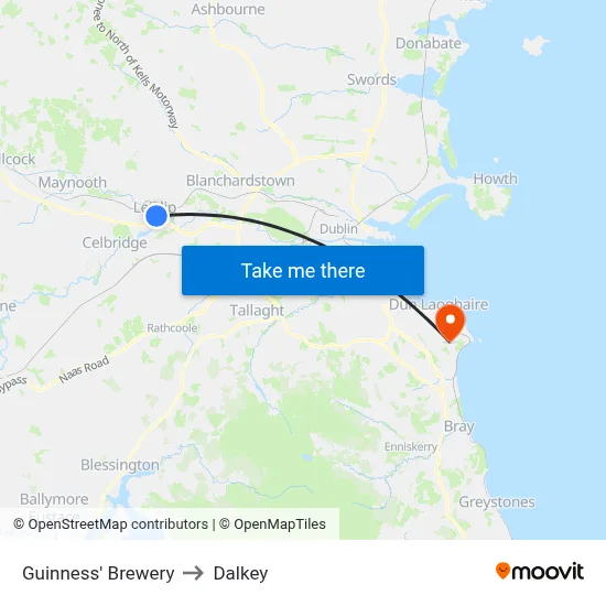 Guinness' Brewery to Dalkey map