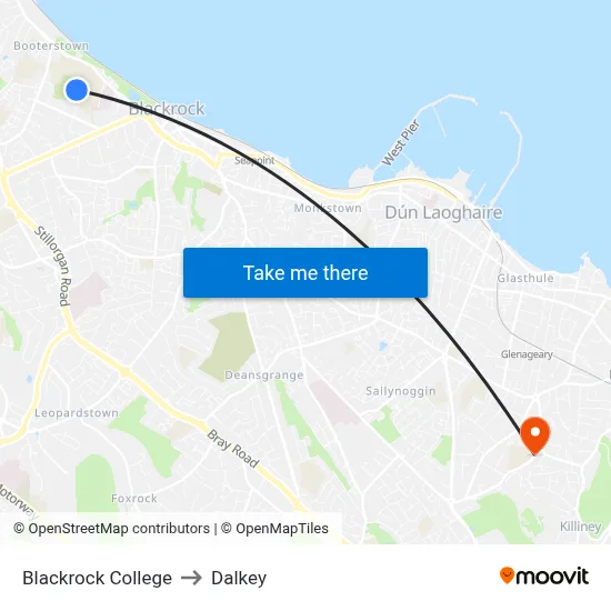 Blackrock College to Dalkey map