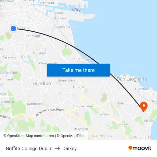 Griffith College Dublin to Dalkey map