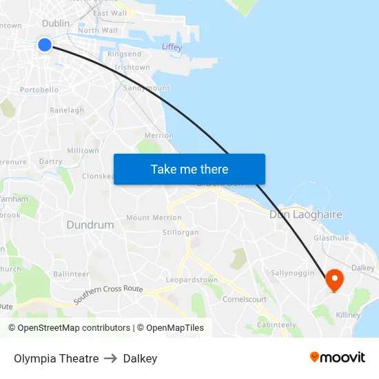 Olympia Theatre to Dalkey map