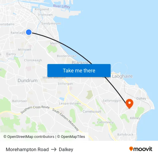 Morehampton Road to Dalkey map
