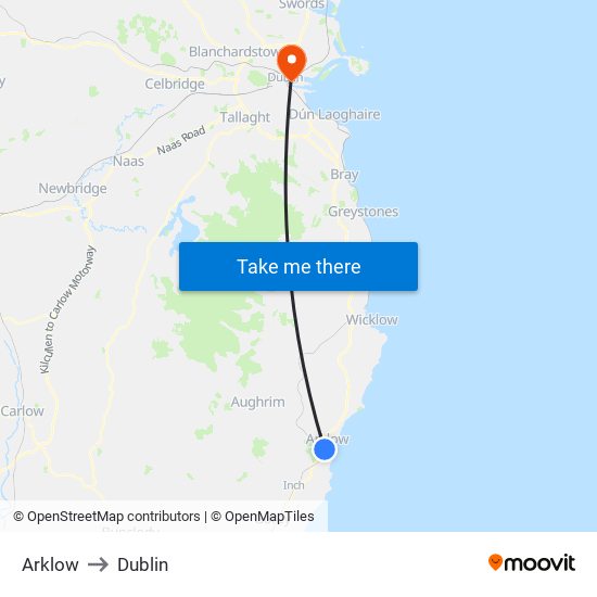 Arklow to Dublin map