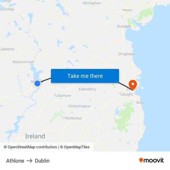 Athlone to Dublin map