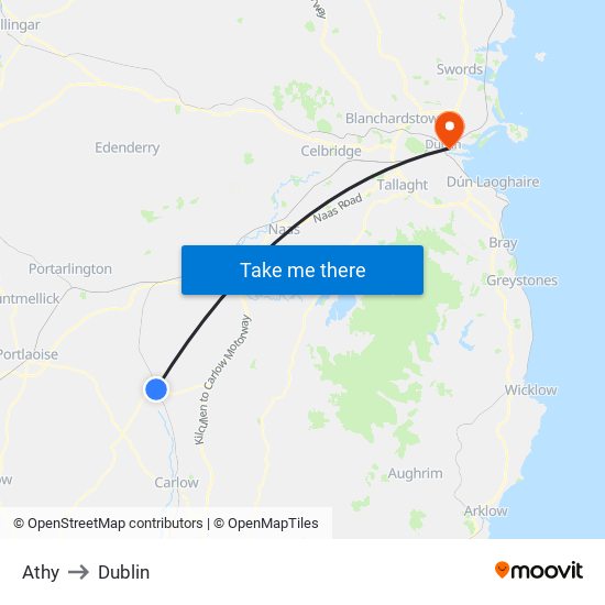 Athy to Dublin map