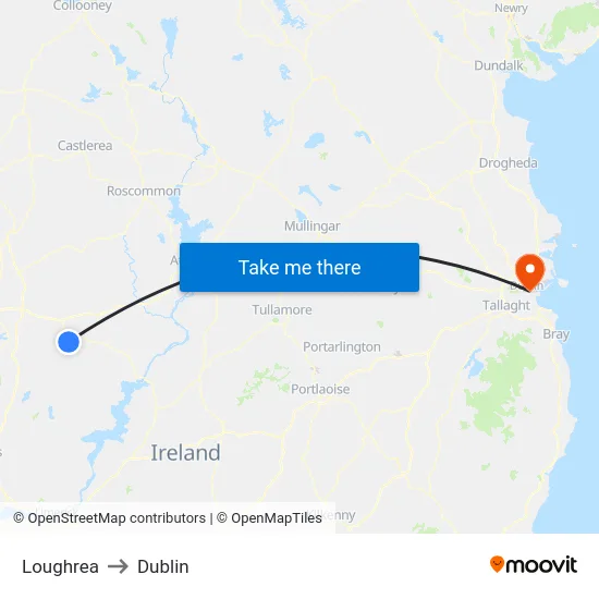 Loughrea to Dublin map