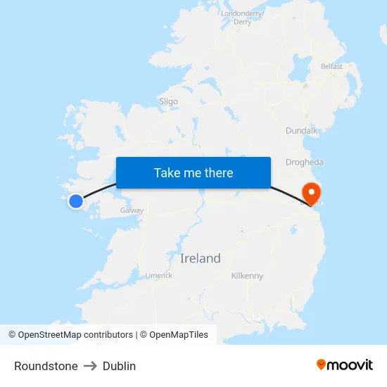 Roundstone to Dublin map