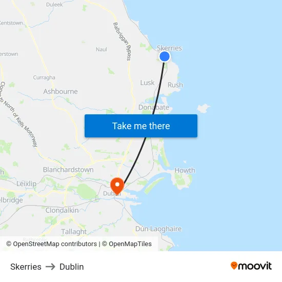 Skerries to Dublin map