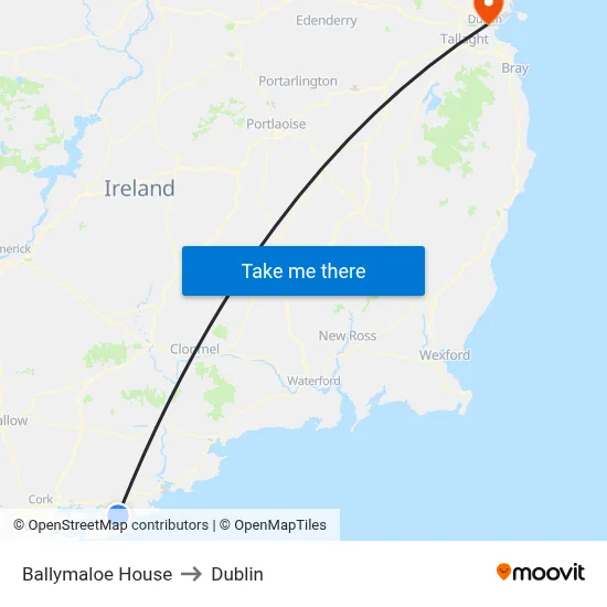 Ballymaloe House to Dublin map