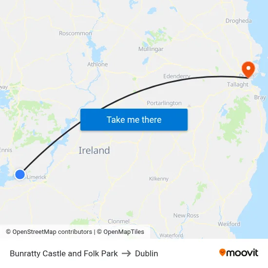 Bunratty Castle and Folk Park to Dublin map