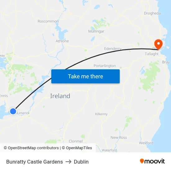 Bunratty Castle Gardens to Dublin map