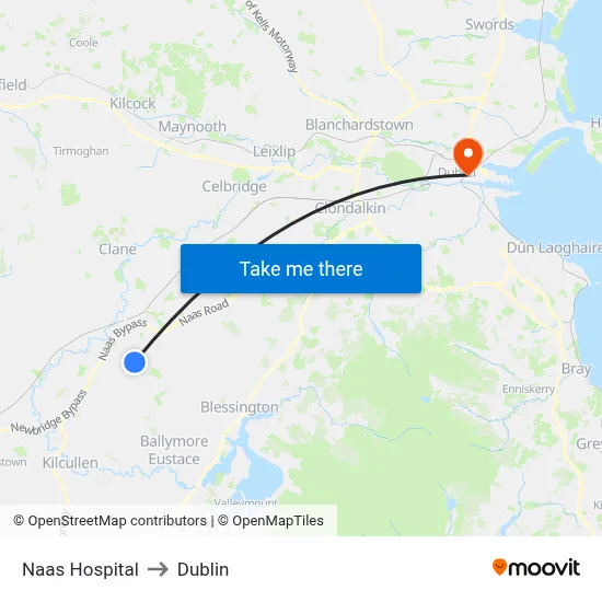 Naas Hospital to Dublin map