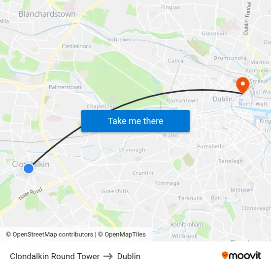 Clondalkin Round Tower to Dublin map