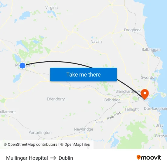 Mullingar Hospital to Dublin map