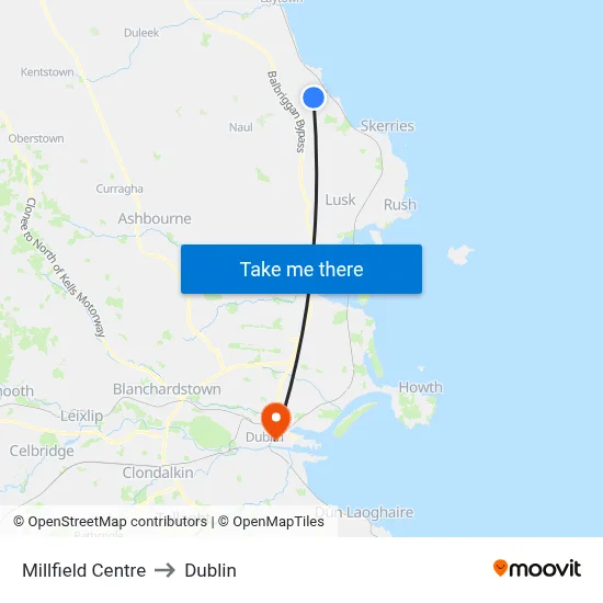 Millfield Centre to Dublin map