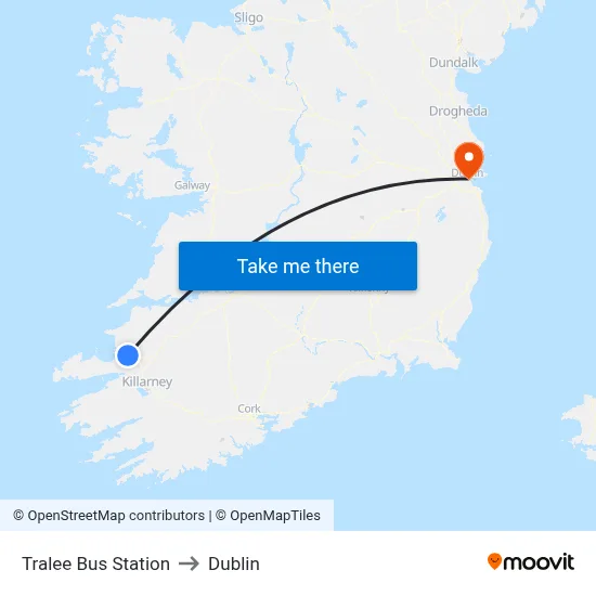 Tralee Bus Station to Dublin map