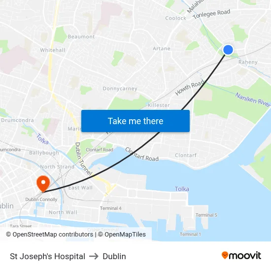 St Joseph's Hospital to Dublin map