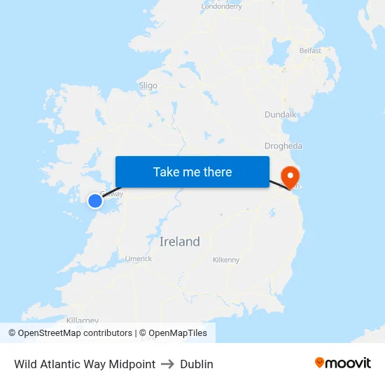 Wild Atlantic Way Midpoint to Dublin map