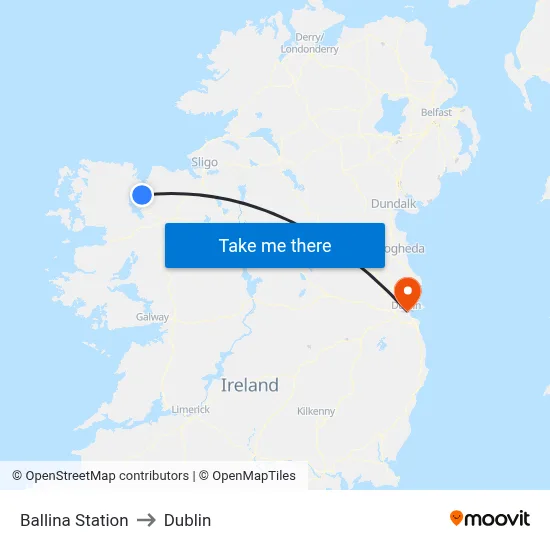 Ballina Station to Dublin map