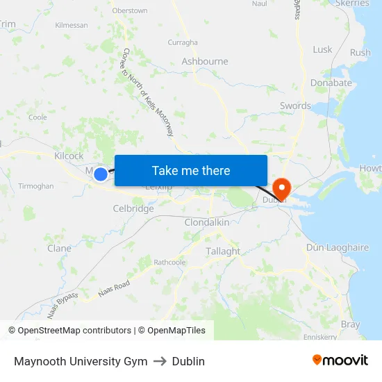 Maynooth University Gym to Dublin map