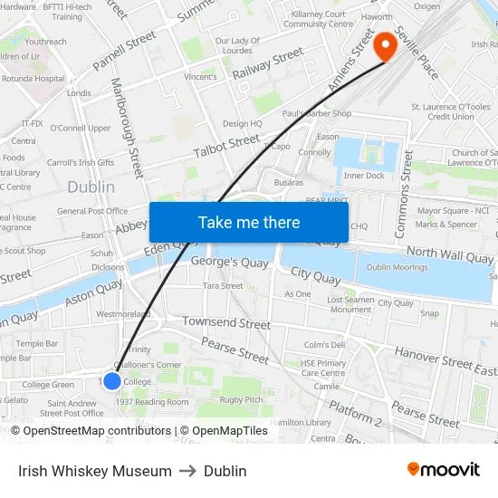 Irish Whiskey Museum to Dublin map