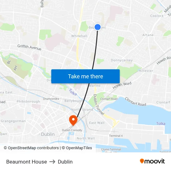 Beaumont House to Dublin map