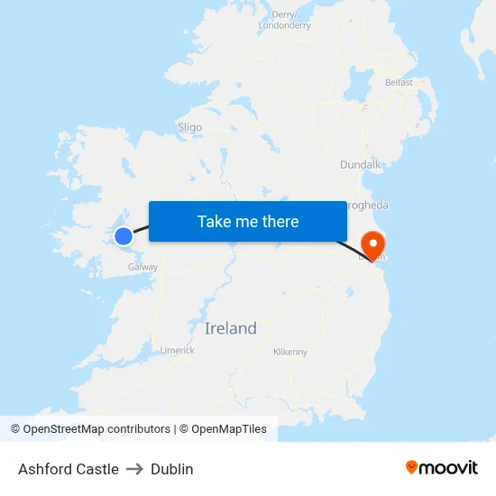 Ashford Castle to Dublin map