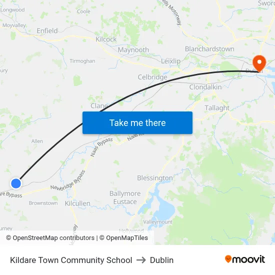 Kildare Town Community School to Dublin map