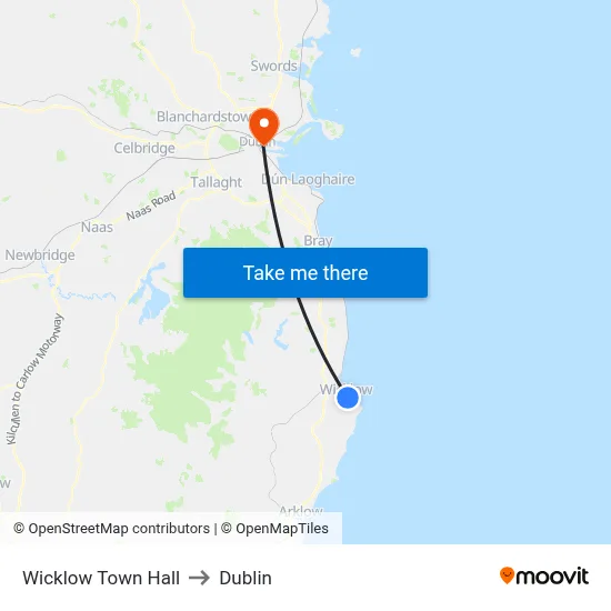 Wicklow Town Hall to Dublin map