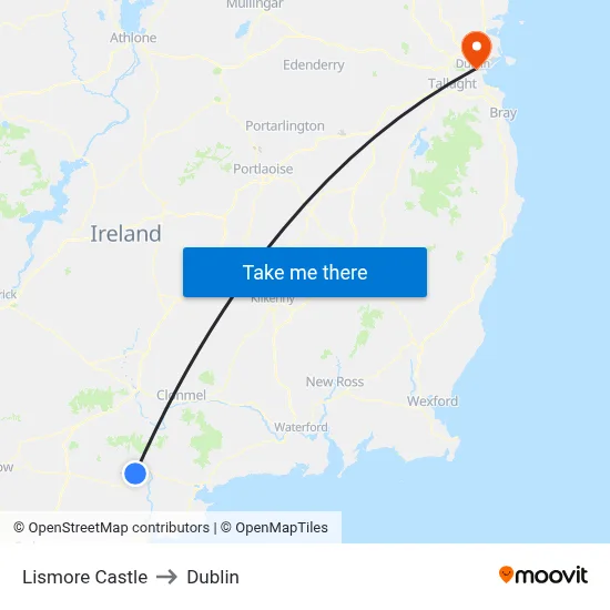 Lismore Castle to Dublin map