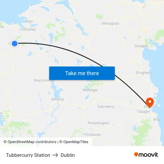 Tubbercurry Station to Dublin map